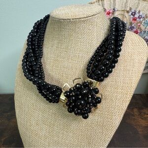 Talbots Black Beaded Necklace with Gold Floral Accent